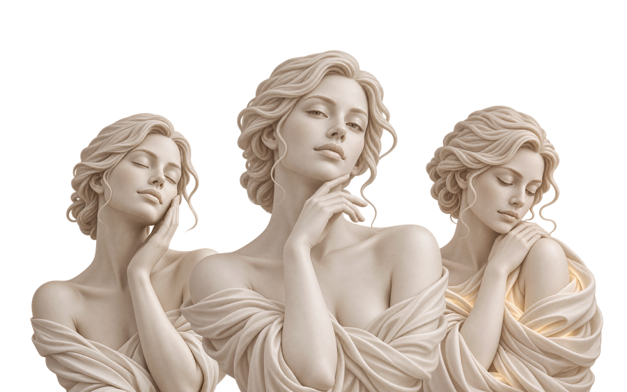 Tre ritratti scultorei color avorio che rappresentano i tre mondi di cura di Bertilla